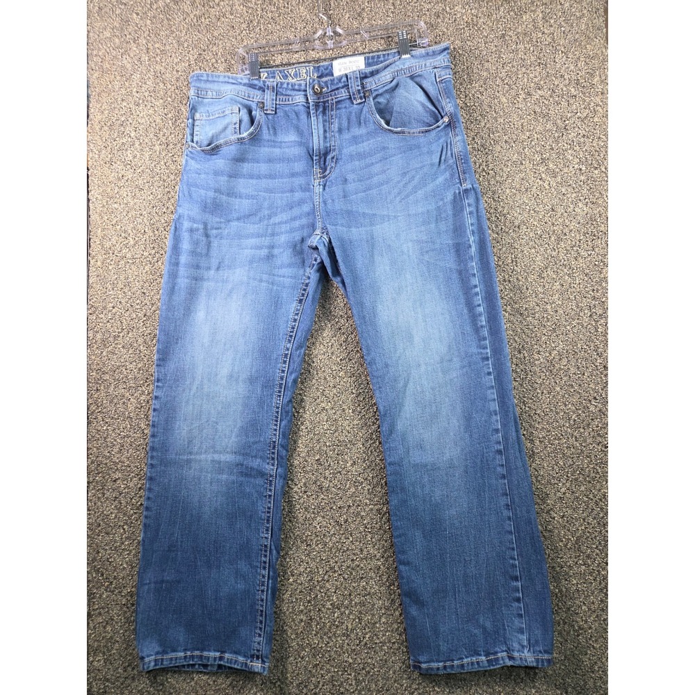 TK Axel Slim‎ Boot Jeans Mens 38x32 Blue Medium Wash Embroidered Flap Pockets